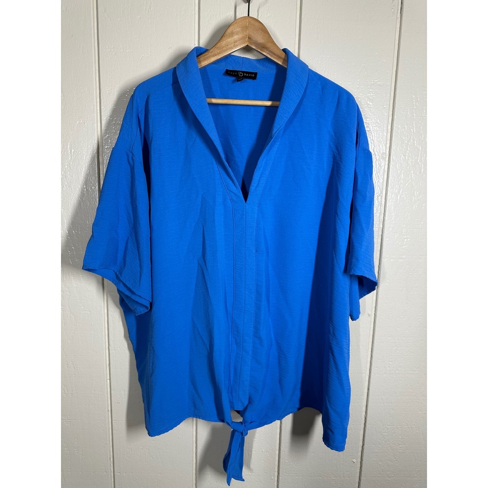 Fred David Top Women 3X Blue Tie Front Blouse Short Sleeve V-Neck Casual 7720